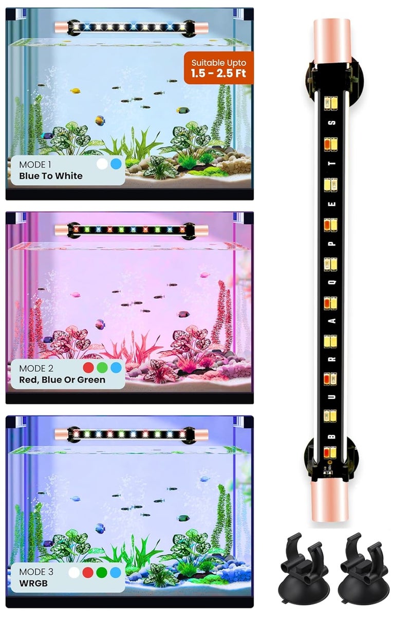BURAQ ضوء حوض السمك LED متعدد الألوان، مقاوم للماء، موفر للطاقة، أوضاع متعددة الألوان WRGB، أضواء حوض السمك الغاطسة (حتى 2.5 قدم حوض)، زجاج - Image 1