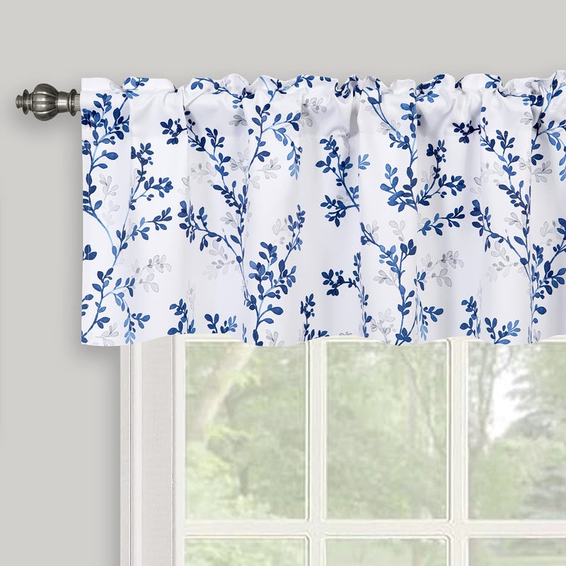 Inselnwald Navy Blue Valance for Windows Watercolor الزهور النباتية أوراق أوراق المطبوعة قضيب الجيب معالجات النافذة البحرية والأبيض للمطبخ مقهى الحمام 52 بوصة في 14 بوصة البحرية - Image 1