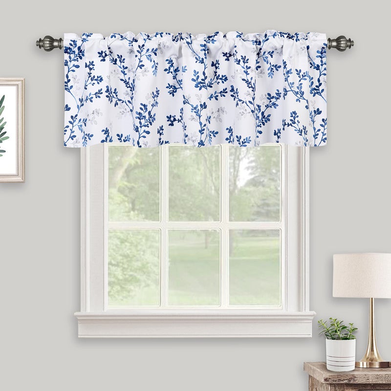 Inselnwald Navy Blue Valance for Windows Watercolor الزهور النباتية أوراق أوراق المطبوعة قضيب الجيب معالجات النافذة البحرية والأبيض للمطبخ مقهى الحمام 52 بوصة في 14 بوصة البحرية - Image 2