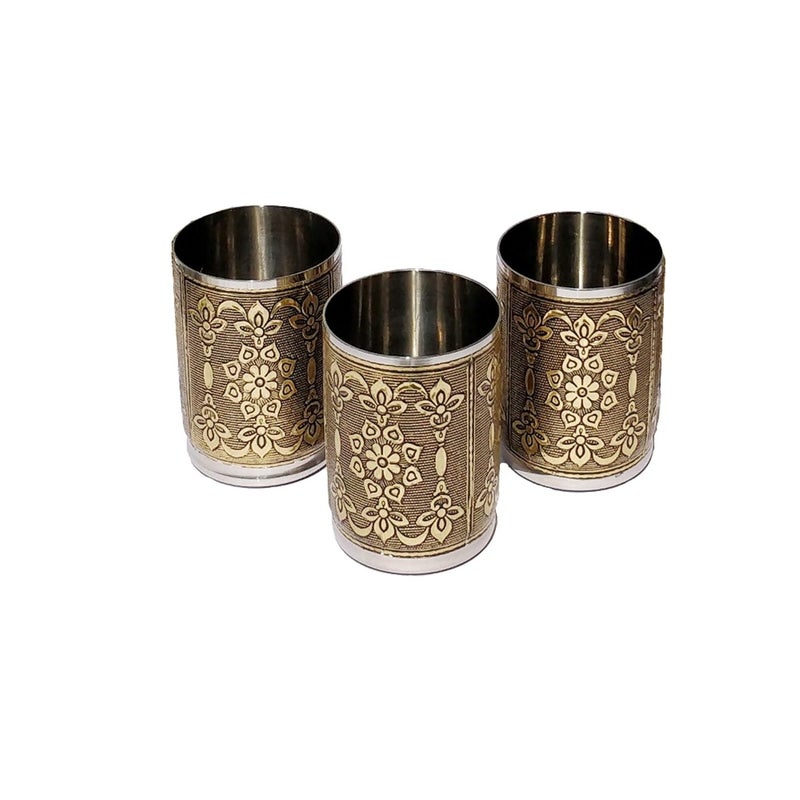 Newvent 6 Pcs Stainless Steel Flower Design Golden Glass Set Unbreakable Serving Glass Set Golden Oxidise SS Glass Set - Image 2