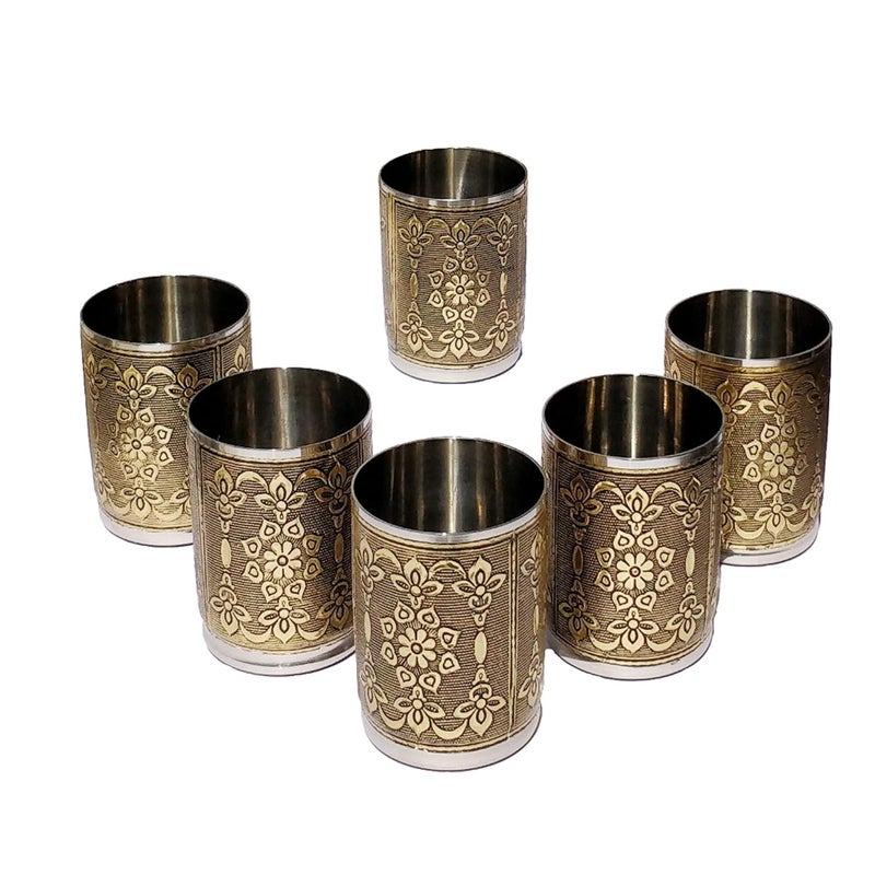 Newvent 6 Pcs Stainless Steel Flower Design Golden Glass Set Unbreakable Serving Glass Set Golden Oxidise SS Glass Set - Image 1