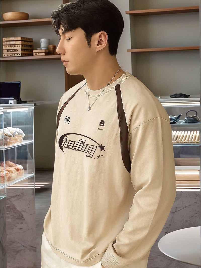 Jump Cuts Printed Mens Round Neck Full Sleeve Beige and Black Cotton Fleece Sweatshirt - Image 2