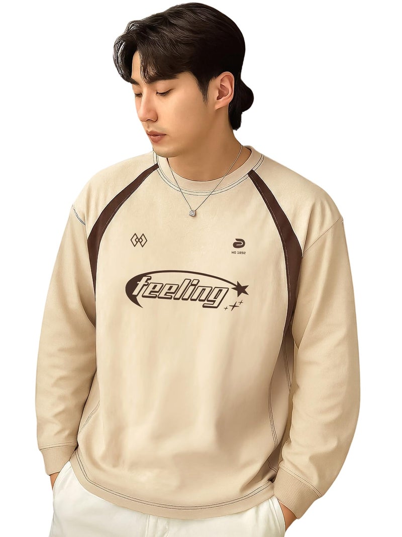 Jump Cuts Printed Mens Round Neck Full Sleeve Beige and Black Cotton Fleece Sweatshirt - Image 5