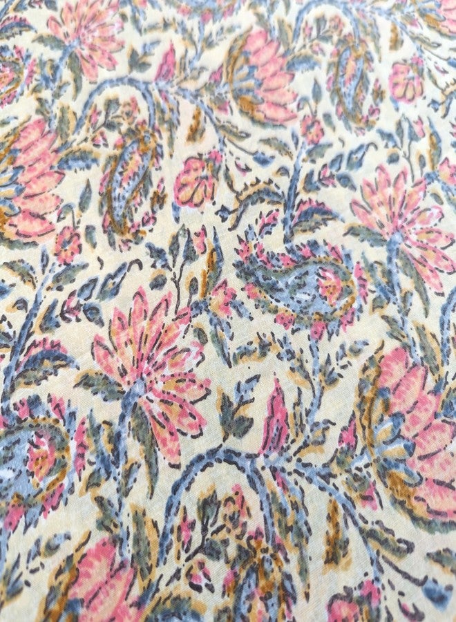 AVKA Studio Hand Block Print Fabric by The Yard - PRECUT 1 Yard 42 Inch Width - 100% Cotton Material - Beige Pink Floral & Paisley Pattern - Light Weight Indian Cloth for Making Summer Dress Tops etc - Image 5