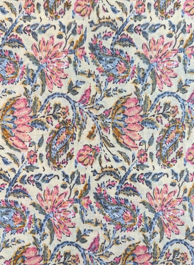 AVKA Studio Hand Block Print Fabric by The Yard - PRECUT 1 Yard 42 Inch Width - 100% Cotton Material - Beige Pink Floral & Paisley Pattern - Light Weight Indian Cloth for Making Summer Dress Tops etc - Image 1
