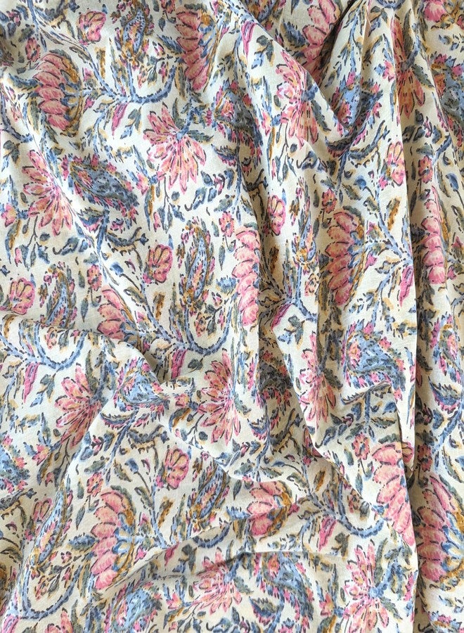 AVKA Studio Hand Block Print Fabric by The Yard - PRECUT 1 Yard 42 Inch Width - 100% Cotton Material - Beige Pink Floral & Paisley Pattern - Light Weight Indian Cloth for Making Summer Dress Tops etc - Image 2
