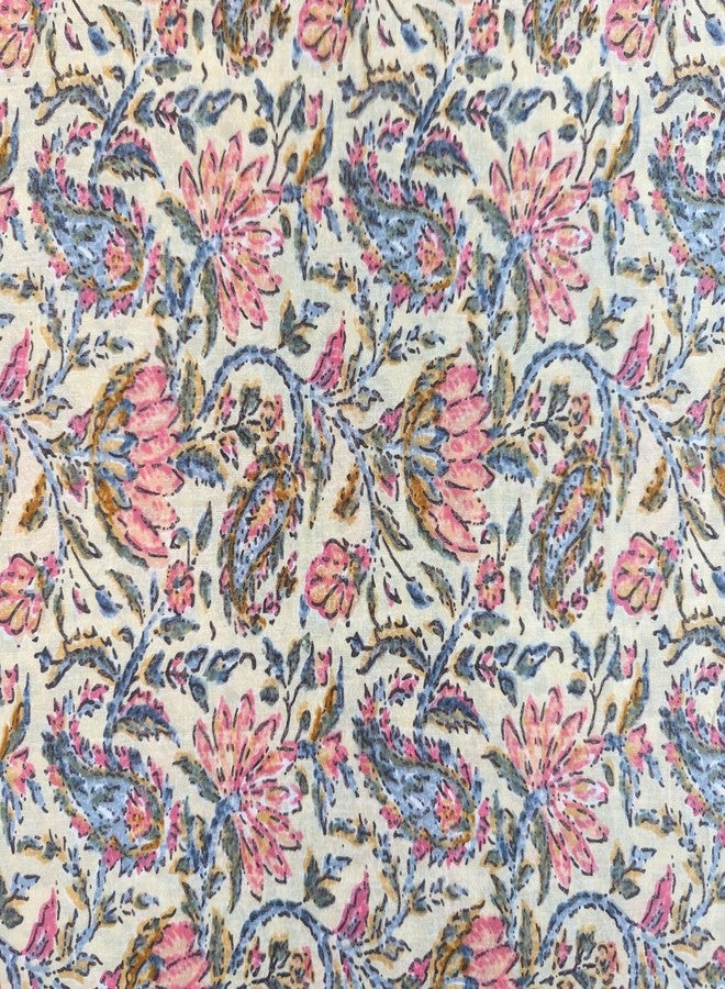 AVKA Studio Hand Block Print Fabric by The Yard - PRECUT 1 Yard 42 Inch Width - 100% Cotton Material - Beige Pink Floral & Paisley Pattern - Light Weight Indian Cloth for Making Summer Dress Tops etc - Image 4