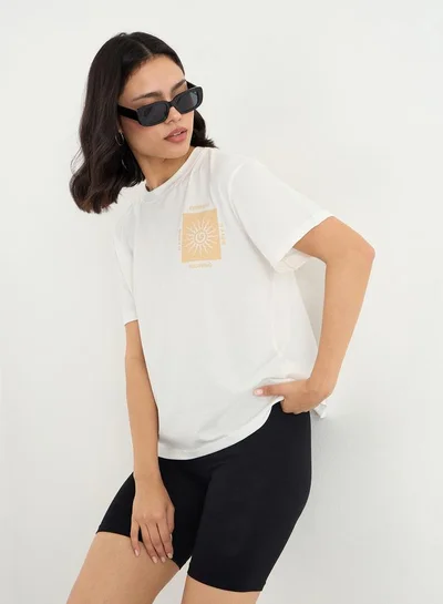 Styli White Graphic Print 100% Cotton T-Shirt