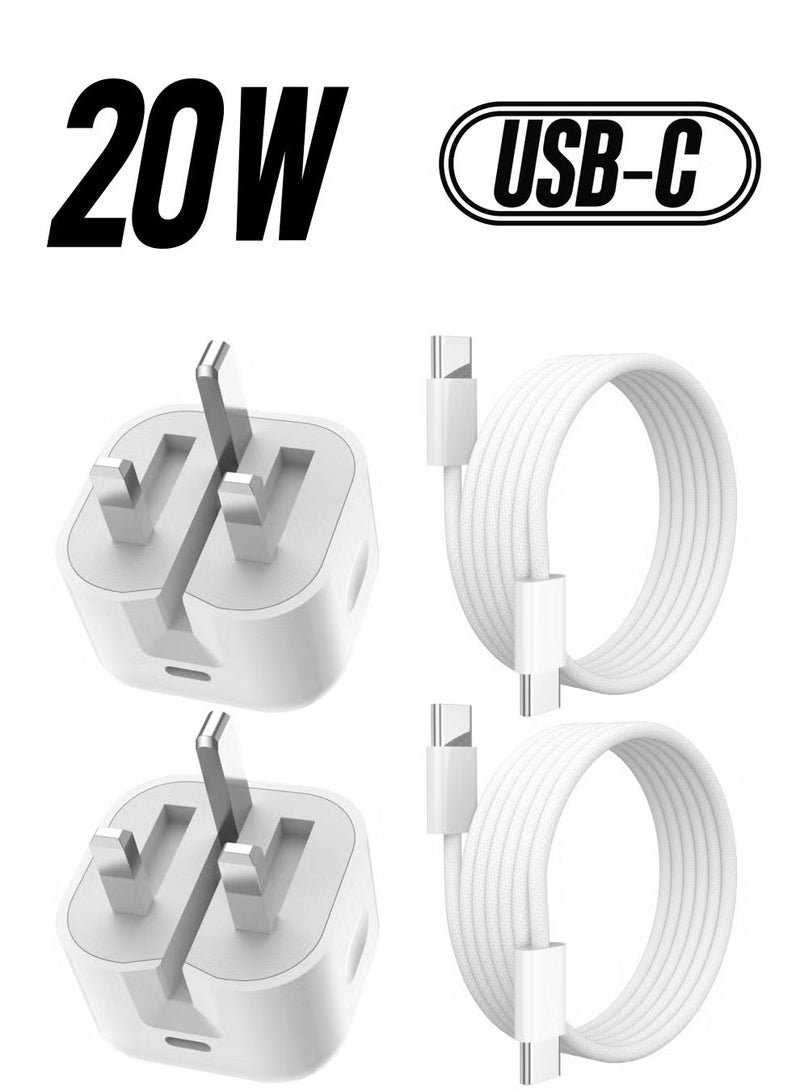 Anmi Anmi 2 Pack 20W USB C Fast Charger with 2m Cable, UK Wall Plug Adapters and Durable Nylon Braided Type C to C Charging Cable for iPhone16 15 Plus Pro Max, iPad Pro Ari Mini.