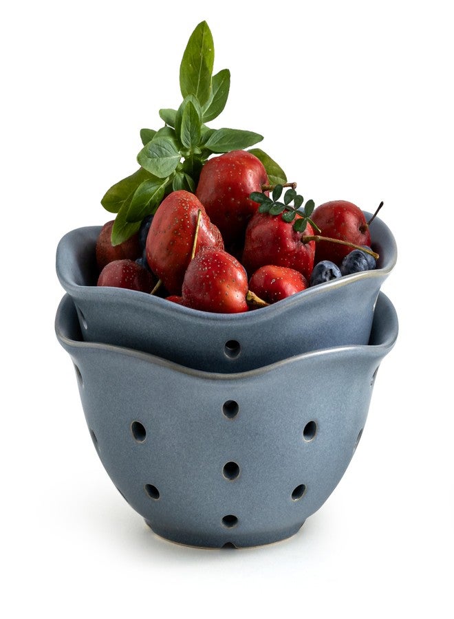 Gomakren Ceramic Berry Basket Set of 2, Elegant Fruit Basket Container 6 Inch, Fruit Bowl with Holes for Kitchen Counter, Berries, Strawberry, Grape, Cherry, Floral Shape - Slate Blue - Image 1