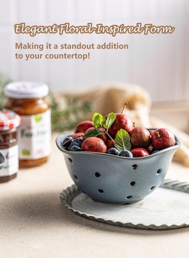Gomakren Ceramic Berry Basket Set of 2, Elegant Fruit Basket Container 6 Inch, Fruit Bowl with Holes for Kitchen Counter, Berries, Strawberry, Grape, Cherry, Floral Shape - Slate Blue - Image 4
