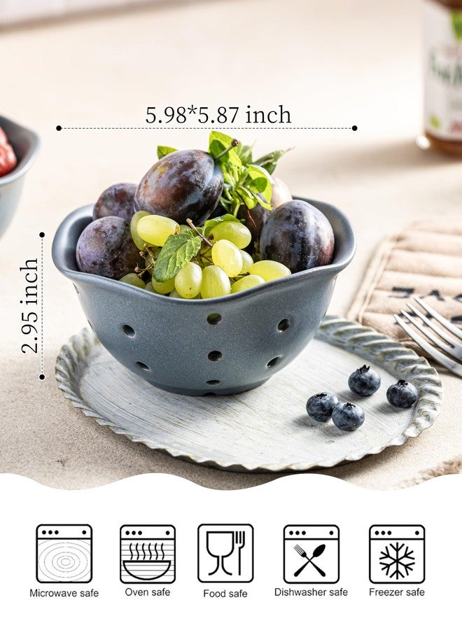 Gomakren Ceramic Berry Basket Set of 2, Elegant Fruit Basket Container 6 Inch, Fruit Bowl with Holes for Kitchen Counter, Berries, Strawberry, Grape, Cherry, Floral Shape - Slate Blue - Image 2