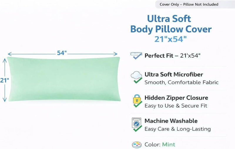EVOLIVE Ultra Soft Microfiber Body Pillow Cover/Pillowcases 21"x54" with Hidden Zipper Closure (21"x54" Body Pillow Cover, Mint) - Image 2