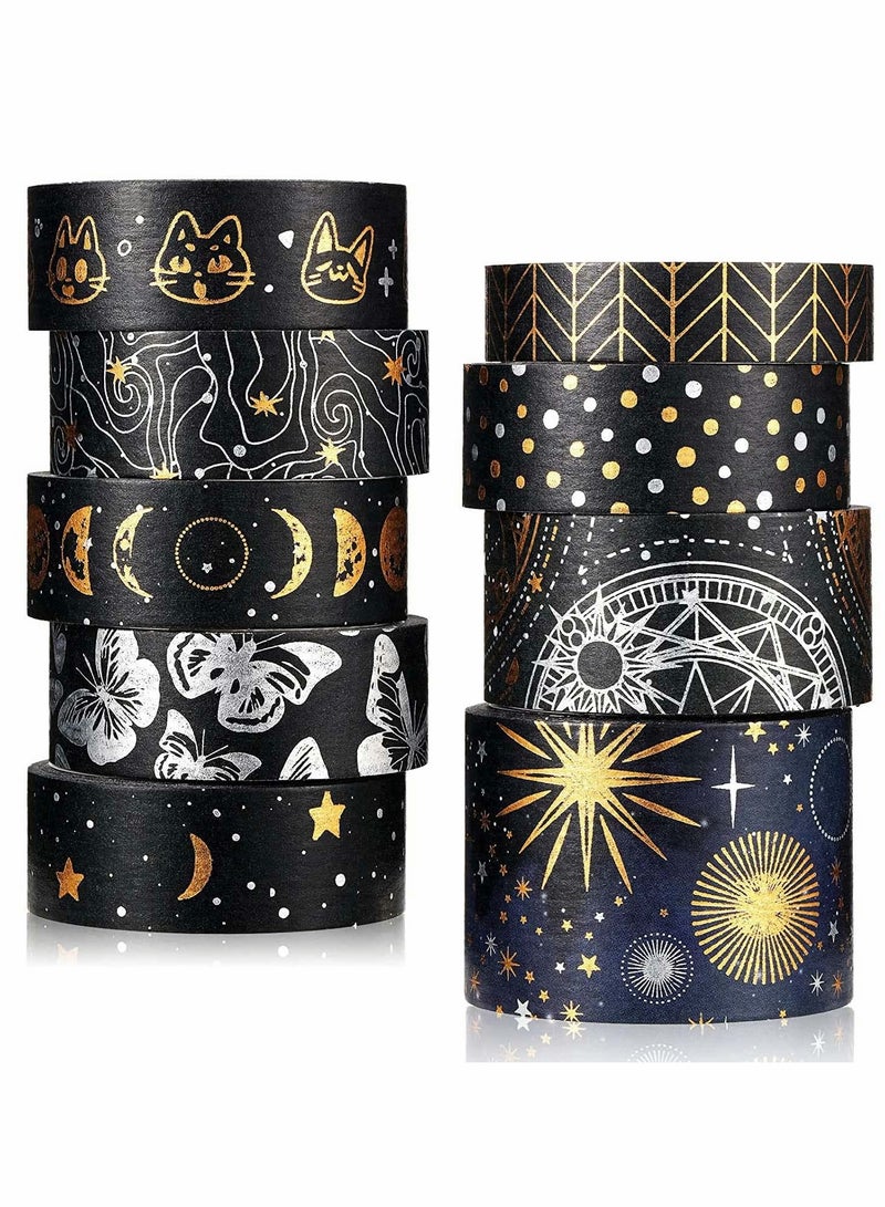 Excefore Foil Washi Tape, 9 Pcs Silver Gold Pattern Foil Masking Tape Silver Foil Masking Tape Decorative for Arts - Image 1