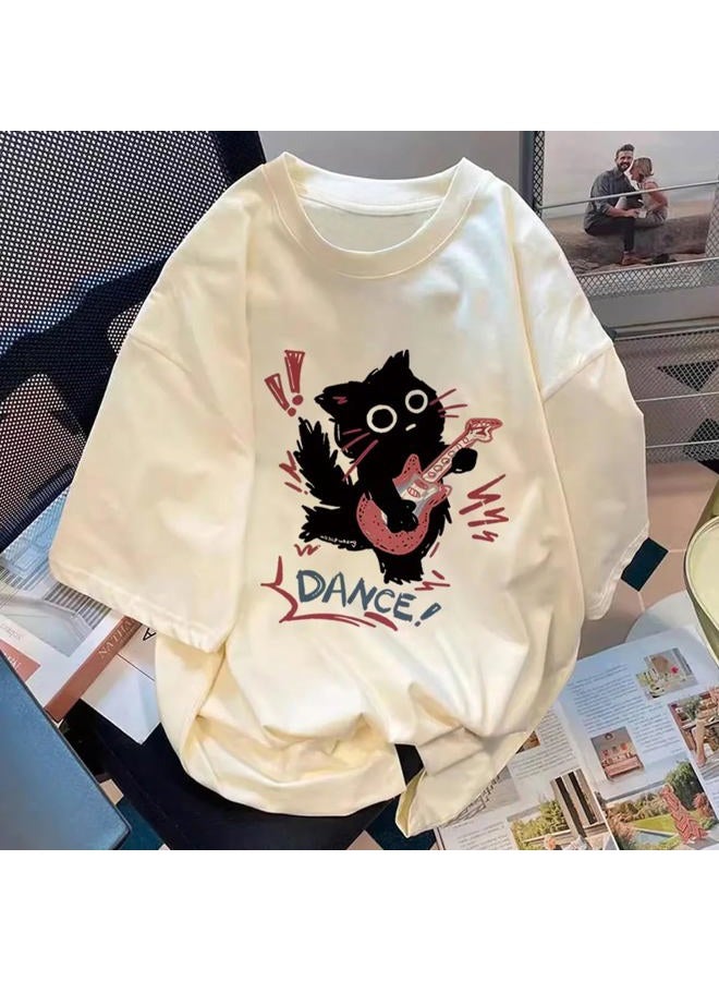 Tyadorw Harajuku Oversized Shirts Goth Punk Cat Print Tees Summer Streetwear Casual Baggy Tshirts Y2k Tee Tops, Beige, M - Image 4