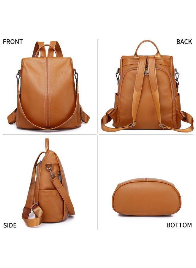 Wesccimo Genuine Leather Backpack Purse For Women Antitheft Real Soft Leather Fashion Daypack Shoulder Bag, Orange Brown, Daypack Backpacks - Image 5