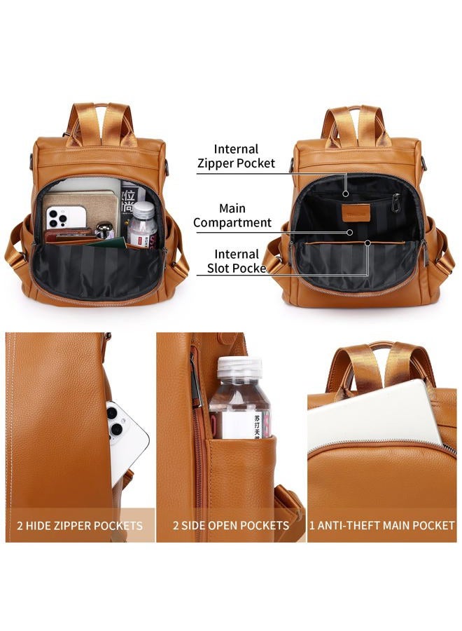 Wesccimo Genuine Leather Backpack Purse For Women Antitheft Real Soft Leather Fashion Daypack Shoulder Bag, Orange Brown, Daypack Backpacks - Image 3