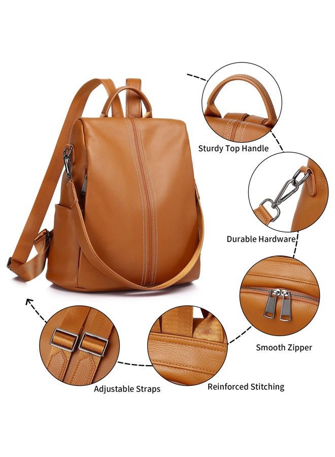 Wesccimo Genuine Leather Backpack Purse For Women Antitheft Real Soft Leather Fashion Daypack Shoulder Bag, Orange Brown, Daypack Backpacks - Image 4