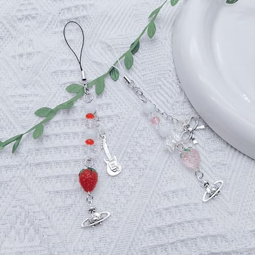 cioatu Cute Y2K Phone Charm Aesthetic Cellphone Chain Strap Lanyard For Phone Pink Strawberry Butterfly PhoneCharms for Bag Keychain Airpods Camera (2PCS Strawberries) - Image 2