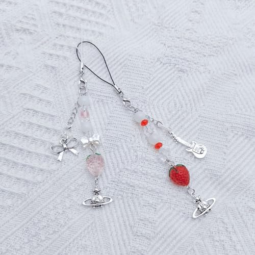 cioatu Cute Y2K Phone Charm Aesthetic Cellphone Chain Strap Lanyard For Phone Pink Strawberry Butterfly PhoneCharms for Bag Keychain Airpods Camera (2PCS Strawberries) - Image 3