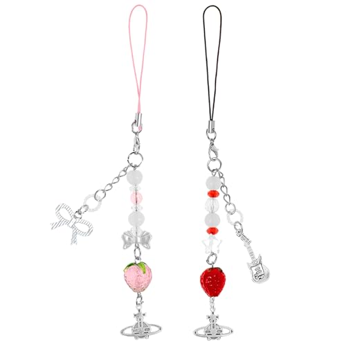 cioatu Cute Y2K Phone Charm Aesthetic Cellphone Chain Strap Lanyard For Phone Pink Strawberry Butterfly PhoneCharms for Bag Keychain Airpods Camera (2PCS Strawberries) - Image 1