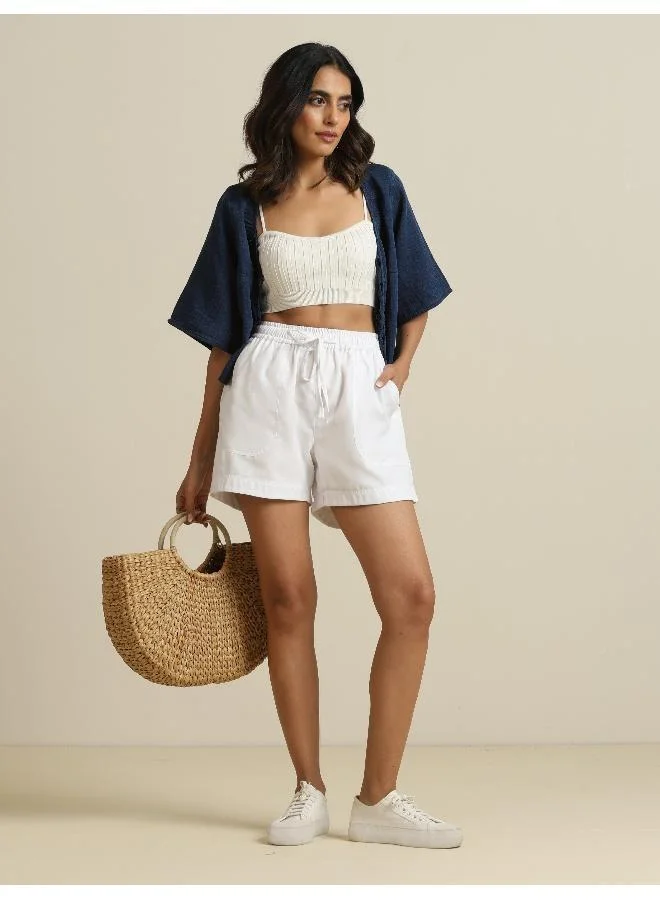 trueBrowns White Cotton Blend Shorts With Drawstring