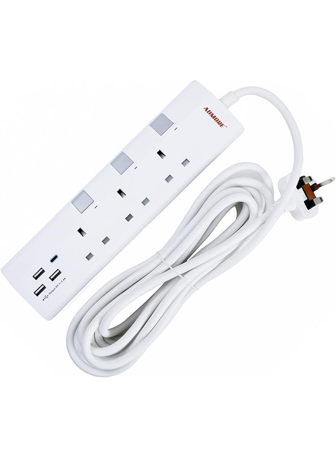 ADMORE Extension Lead with 4 USB Slots, USB C Fast Charge, 3 Way Multi Plug Extension with Surge Protection, 5M Extension Cable, 3250W Multiplug Power Strip for Home, Office, School Supplies - Image 1