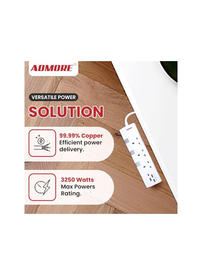 ADMORE Extension Lead with 4 USB Slots, USB C Fast Charge, 3 Way Multi Plug Extension with Surge Protection, 5M Extension Cable, 3250W Multiplug Power Strip for Home, Office, School Supplies - Image 3