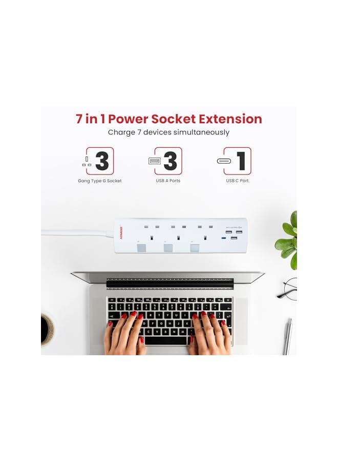 ADMORE Extension Lead with 4 USB Slots, USB C Fast Charge, 3 Way Multi Plug Extension with Surge Protection, 5M Extension Cable, 3250W Multiplug Power Strip for Home, Office, School Supplies - Image 2