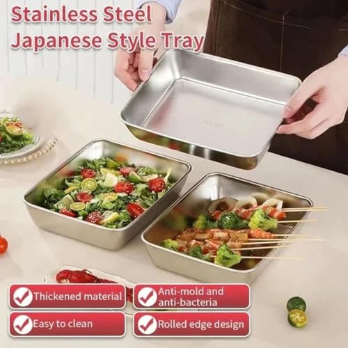 kunya Japanese-Style Stainless Steel Plate Without Lid - 304 Food Grade Baking Tray, Cake Brownie Pan, Microwave and Dishwasher Safe (Small, 2, Set) - Image 2