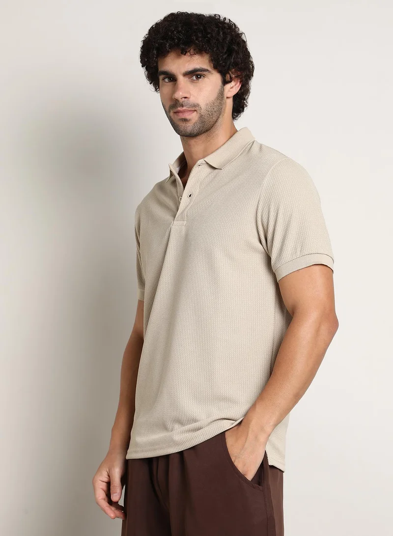 Campus Sutra Men's Saltbox Beige Chainlink-Ribbed Polo T-Shirt