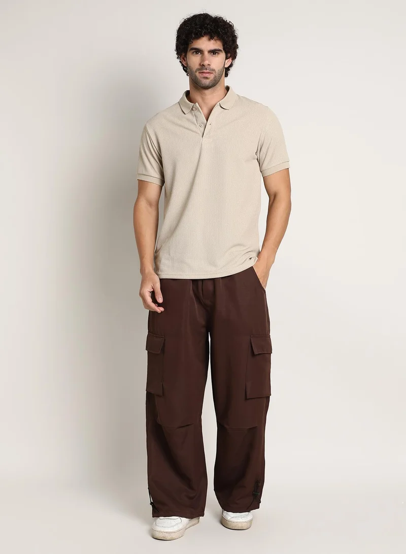 Campus Sutra Men's Saltbox Beige Chainlink-Ribbed Polo T-Shirt