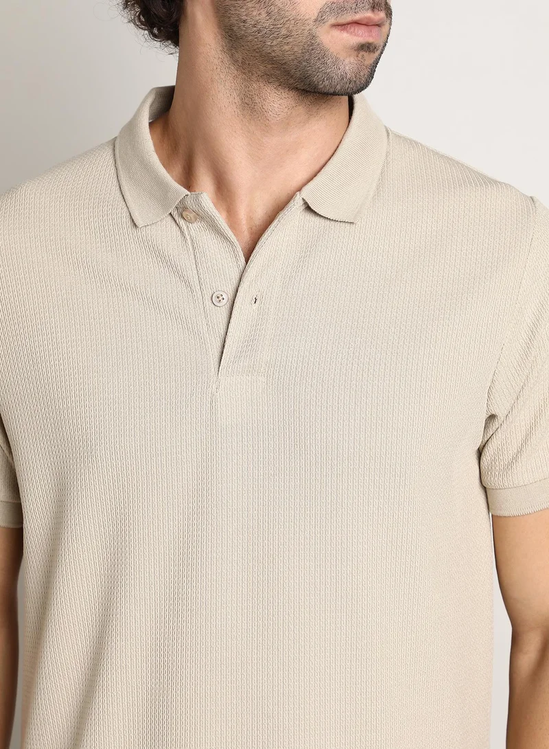 Campus Sutra Men's Saltbox Beige Chainlink-Ribbed Polo T-Shirt