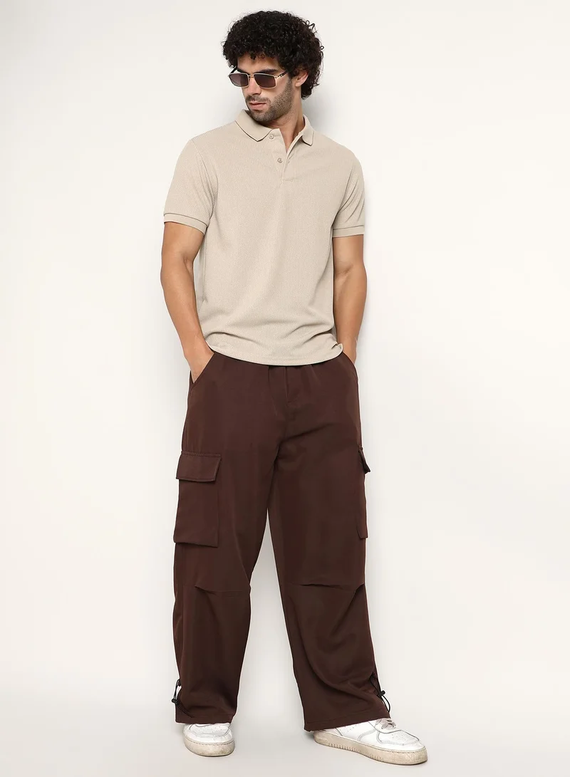 Campus Sutra Men's Saltbox Beige Chainlink-Ribbed Polo T-Shirt