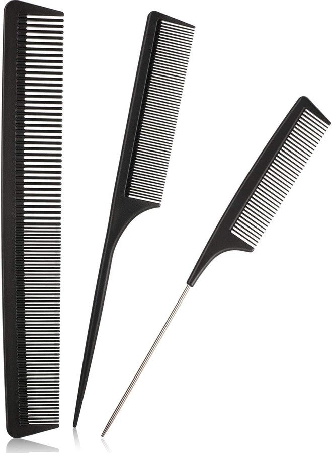 ELITEWAVE 3 Pieces Tail Combs Set Carbon Styling Comb Fiber Rat Tail Comb Anti Static Heat Resistant Barber Hairdressing Comb Steel Pintail Comb Cutting Fine Tooth Comb Teasing Hair Comb for Women Men, Black - Image 1
