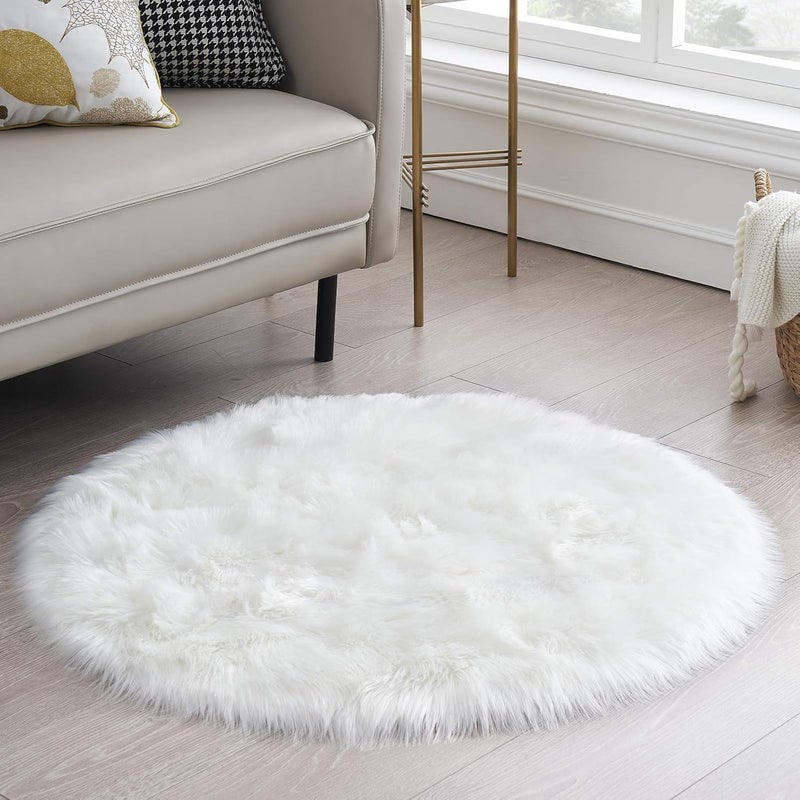 Ciicool Round Fur Rug Fluffy Area Rug for Bedroom, White Faux Fur Rug Furry Circle Rug for Kids Room, Cute Princess Castle Furry Nursery Rug, Plush Shag Circular Rugs Floor Carpets for Teen Girl Room, 3x3 Ft - Image 1