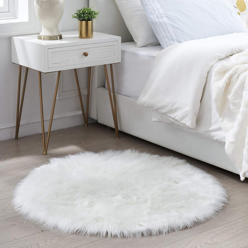 Ciicool Round Fur Rug Fluffy Area Rug for Bedroom, White Faux Fur Rug Furry Circle Rug for Kids Room, Cute Princess Castle Furry Nursery Rug, Plush Shag Circular Rugs Floor Carpets for Teen Girl Room, 3x3 Ft - Image 2