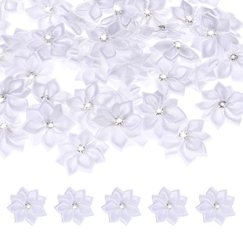 Zyghjort Satin Ribbon Flowers Bows 50 Pcs 11 Inch Satin Flowers Mini Flowers for Crafts Rhinestone Flower Ornament Appliques for Wedding Party Home Decor DIY Crafts Gift Wrapping White - Image 1