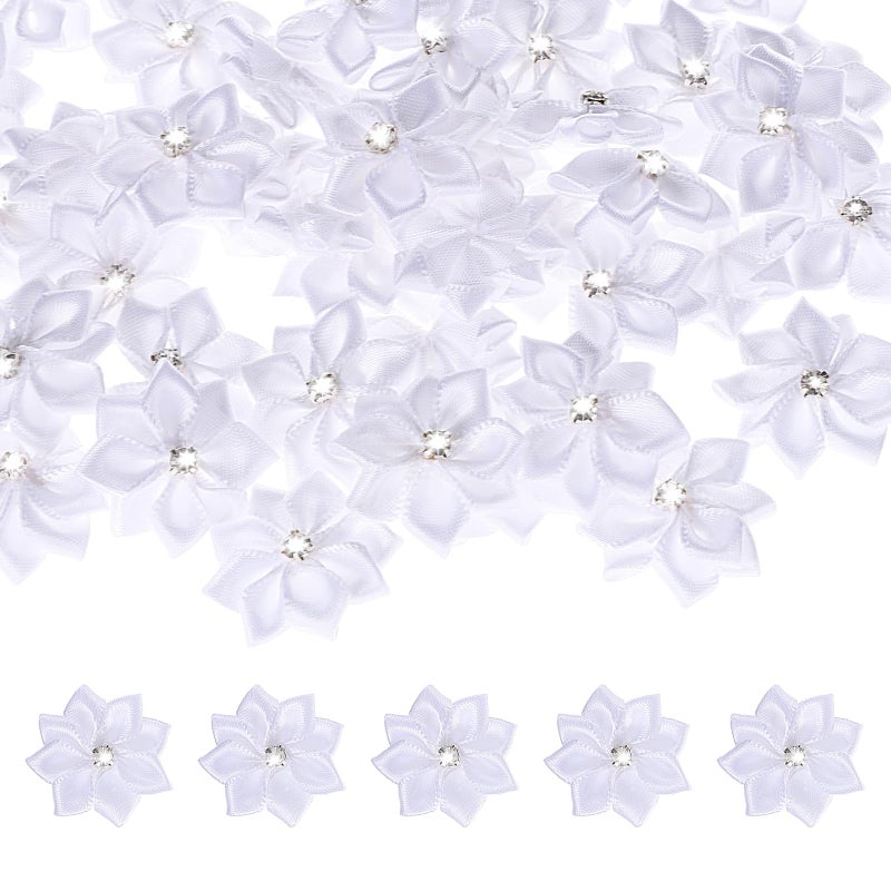 Zyghjort Satin Ribbon Flowers Bows 50 Pcs 11 Inch Satin Flowers Mini Flowers for Crafts Rhinestone Flower Ornament Appliques for Wedding Party Home Decor DIY Crafts Gift Wrapping White - Image 3