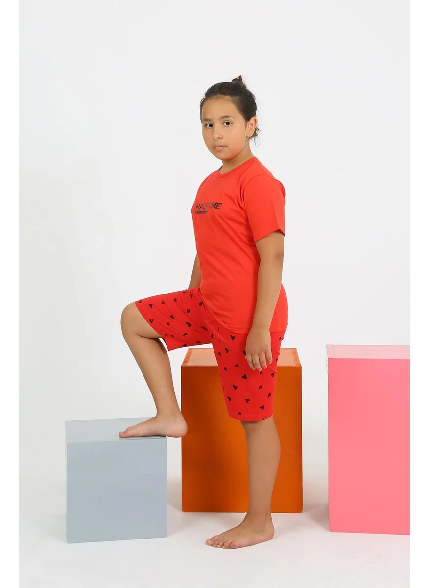Akbeniz Girl's Short Sleeve Combed Cotton Pajama Set with Shorts 20431