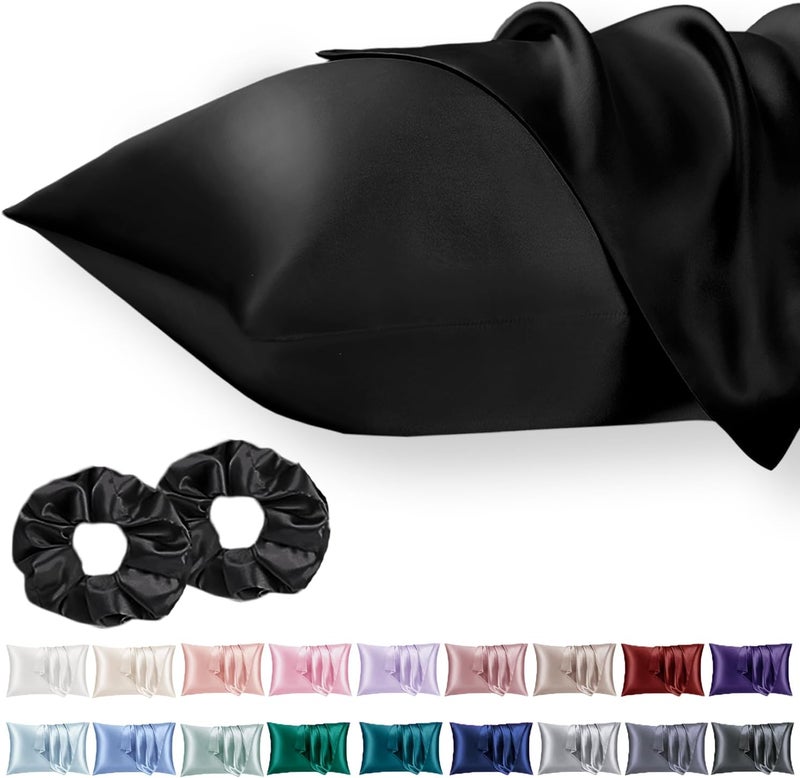 Vielit 2 Pack Satin Pillowcase for Hair and Skin Cooling,Soft as Silk Pillowcase for Hair and Skin,Easier Care than Silk Pillow Case Black 50x75cm Gifts for Women Envelope & 2 Scrunchies - Image 1