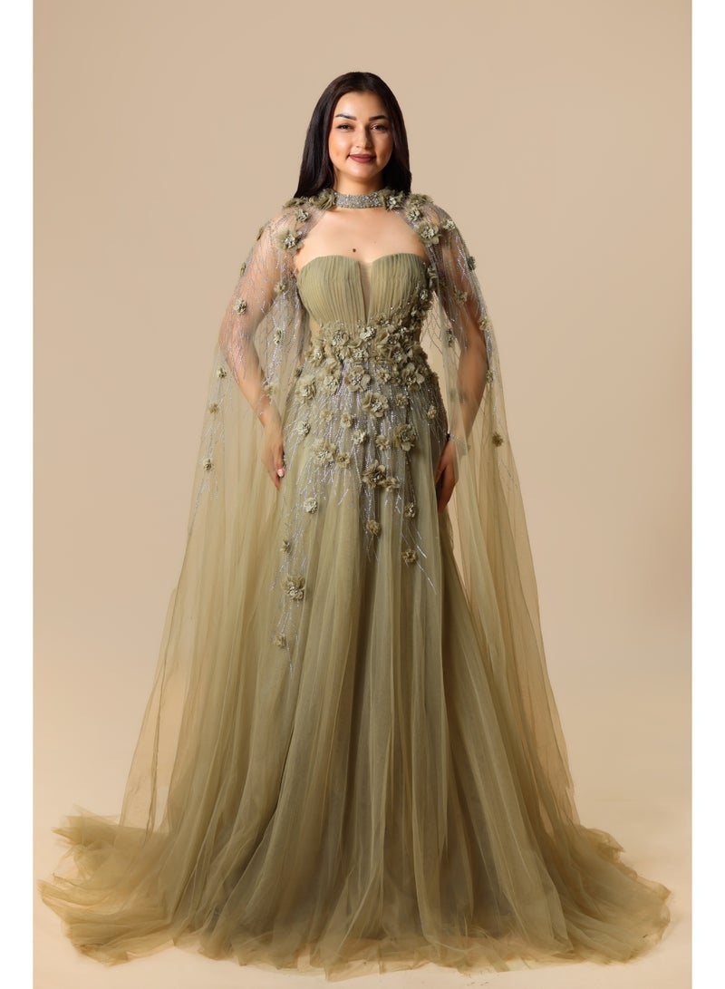 FAIZ COUTURE Elegant One-Shoulder Embellished Evening Gown with Draped Tulle Sleeve - Image 1