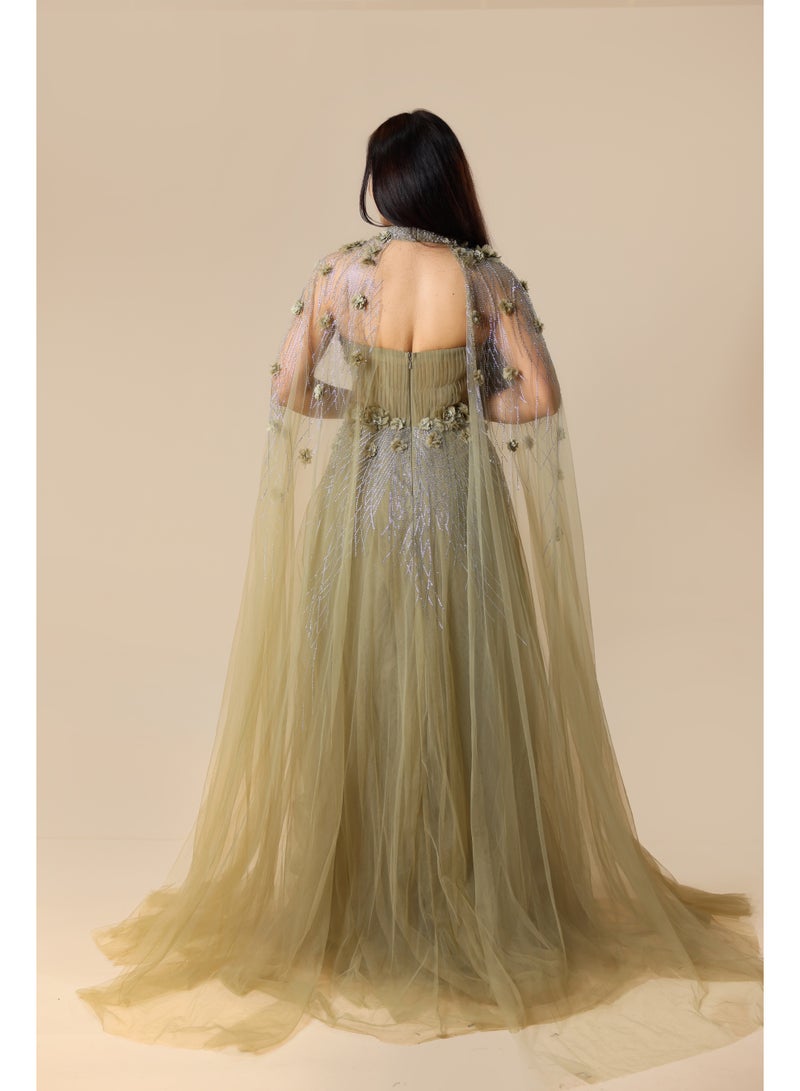 FAIZ COUTURE Elegant One-Shoulder Embellished Evening Gown with Draped Tulle Sleeve - Image 4