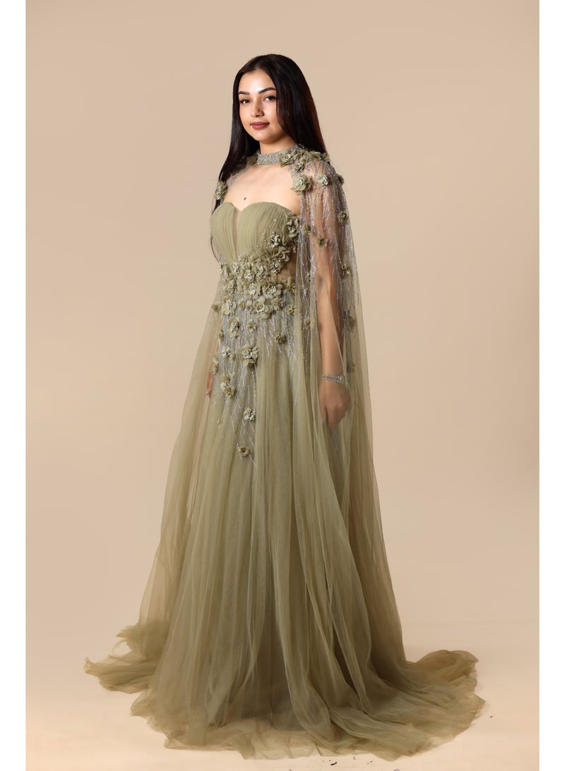FAIZ COUTURE Elegant One-Shoulder Embellished Evening Gown with Draped Tulle Sleeve - Image 3