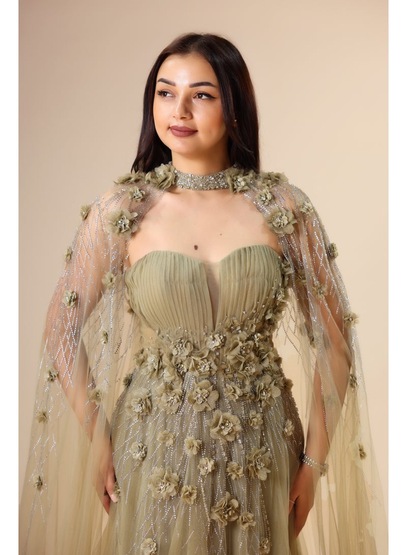 FAIZ COUTURE Elegant One-Shoulder Embellished Evening Gown with Draped Tulle Sleeve - Image 2
