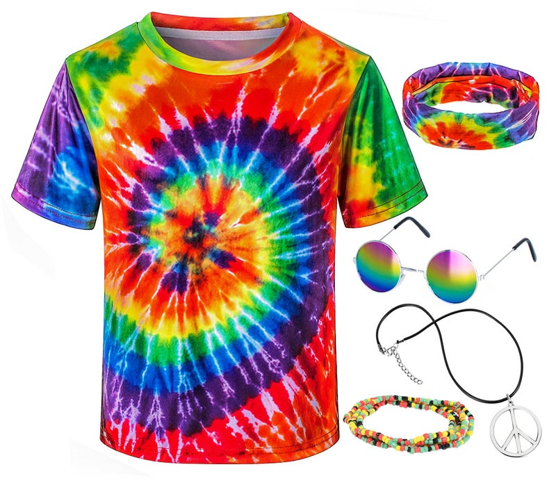 TOGROP Hippie Costume for Men Momen 60s 70s Colorful T-Shirt 5 PCS Accessories Set for Theme Party XX-Large - Image 1