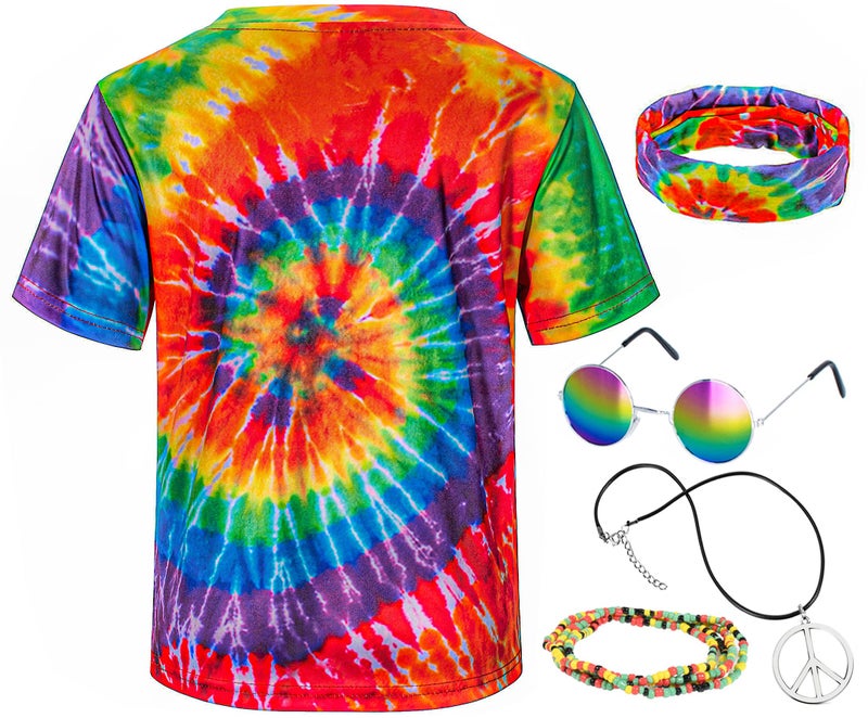 TOGROP Hippie Costume for Men Momen 60s 70s Colorful T-Shirt 5 PCS Accessories Set for Theme Party XX-Large - Image 4