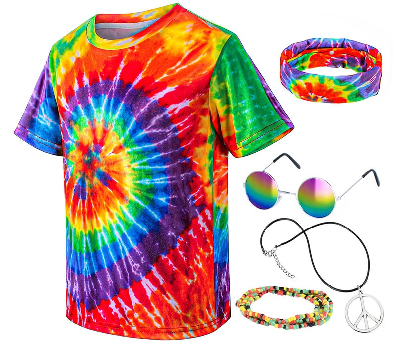 TOGROP Hippie Costume for Men Momen 60s 70s Colorful T-Shirt 5 PCS Accessories Set for Theme Party XX-Large - Image 3