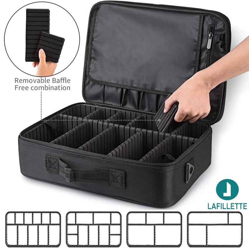LAFILLETTE Travel Cosmetic Bags Professional Makeup Case Box Organizer with Adjustable Dividers Compartments for Makeup Brushes Toiletry Jewelry Digital Accessories 16 INCH 1 Layer Black - Image 3