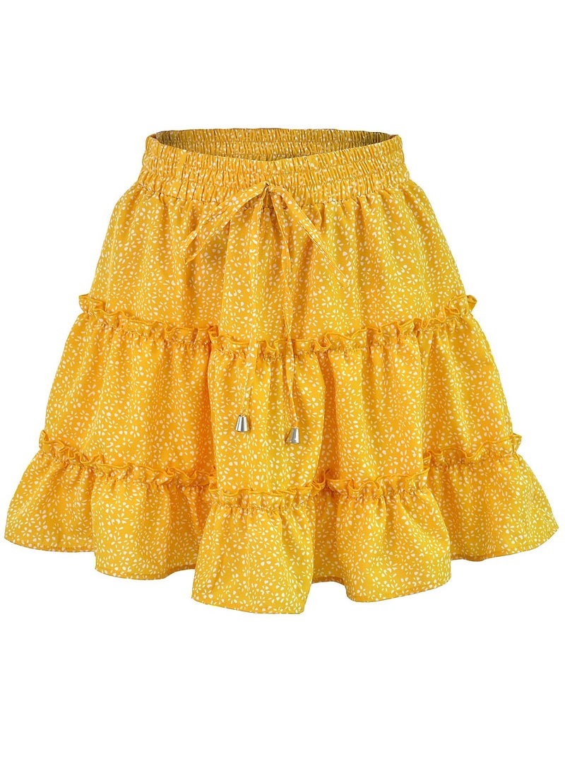Loquat Women's Summer Boho Dot Patterned Mini Skirt High Waist Drawstring Tiered Skirts Yellow  - Image 1